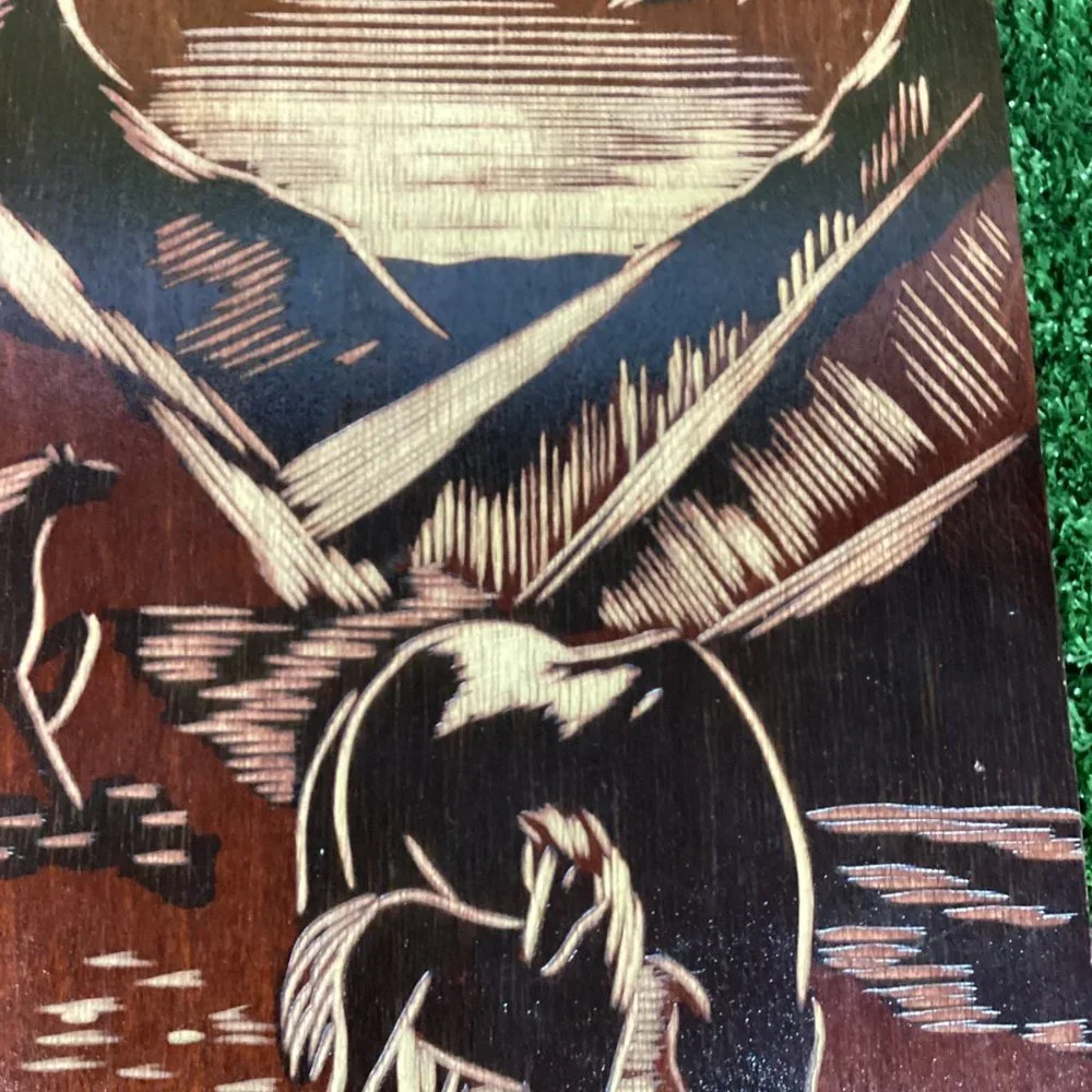 Wood Board Art Burning Carved Horses Landscape